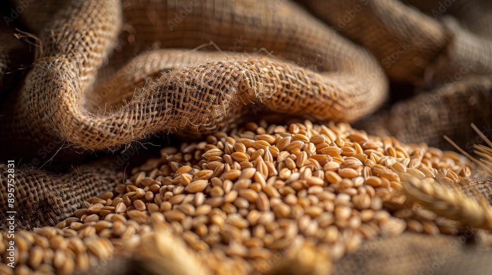 Closeup of wheat grains on burlap sack in rustic farm setting Closeup of wheat grains on burlap sack in rustic farm setting