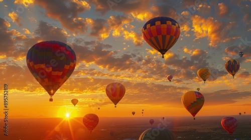 Hot Air Balloon Festival at Sunrise: A Colorful Image of Balloons Floating Against a Beautiful Sunrise