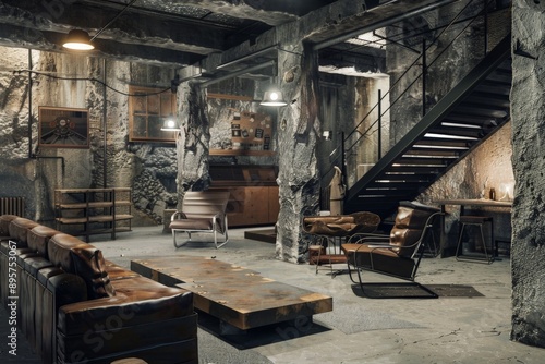 This image captures an industrial-style cave furnished with modern comfort, featuring rugged stone walls, contemporary furniture, and a blend of natural and artificial lighting. photo