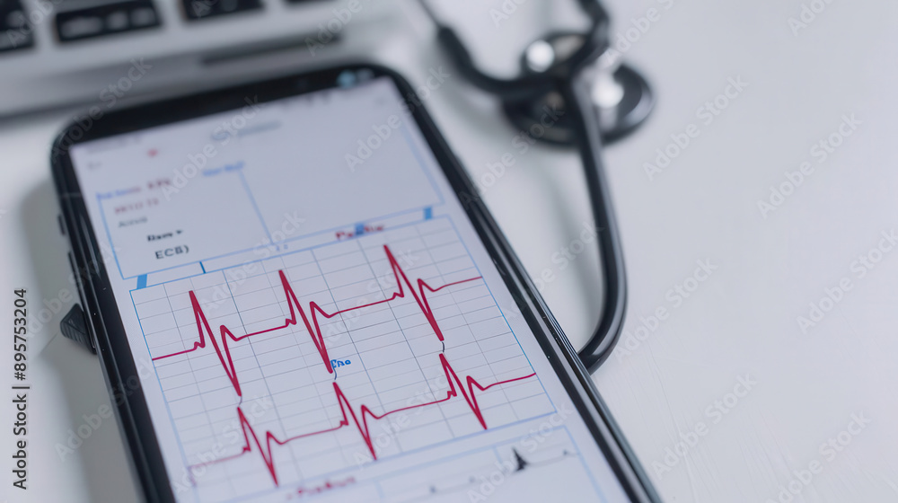 Portable EKG monitor connected to a smartphone, health tech, mobile cardiac care Portable EKG monitor connected to a smartphone, health tech, mobile cardiac care