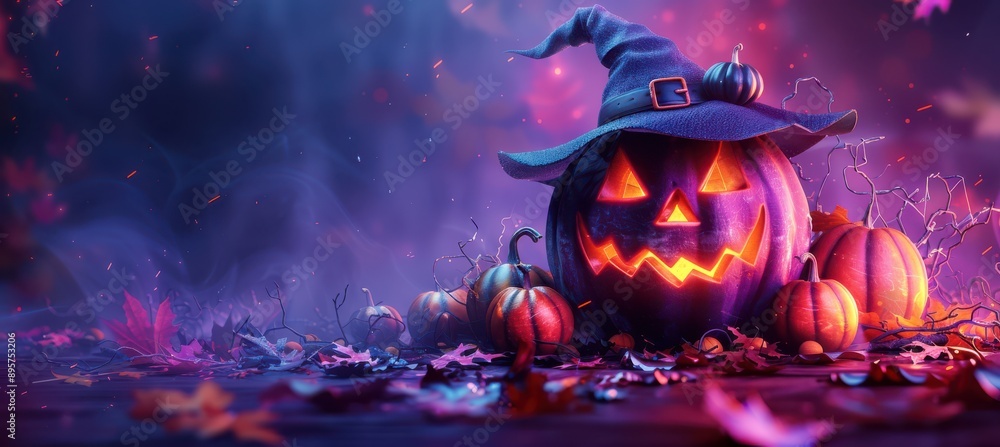 Vibrant Halloween Banner with Pumpkin Witch Hat on Purple Blurred Background Vibrant Halloween Banner with Pumpkin Witch Hat on Purple Blurred Background