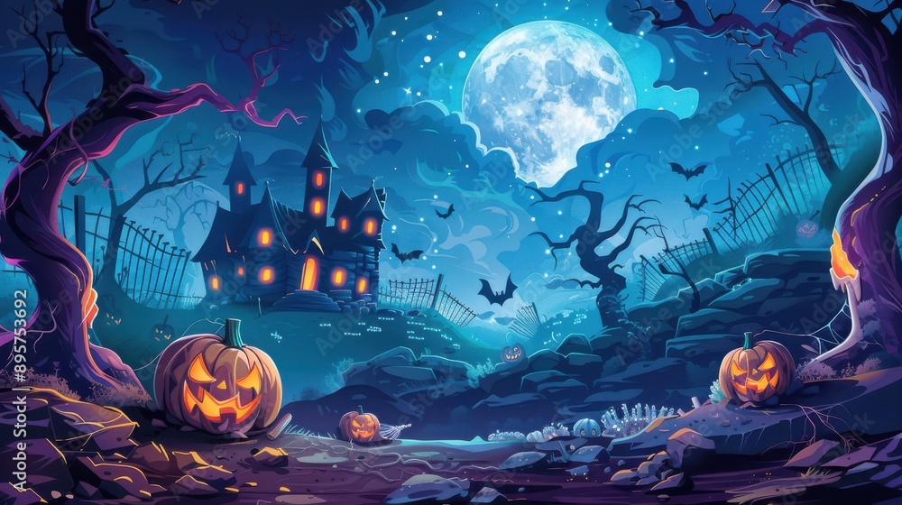 Halloween Night Landscape with Haunted House Halloween Night Landscape with Haunted House