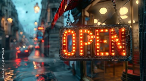 Neon open sign illuminating rainy urban street at dusk