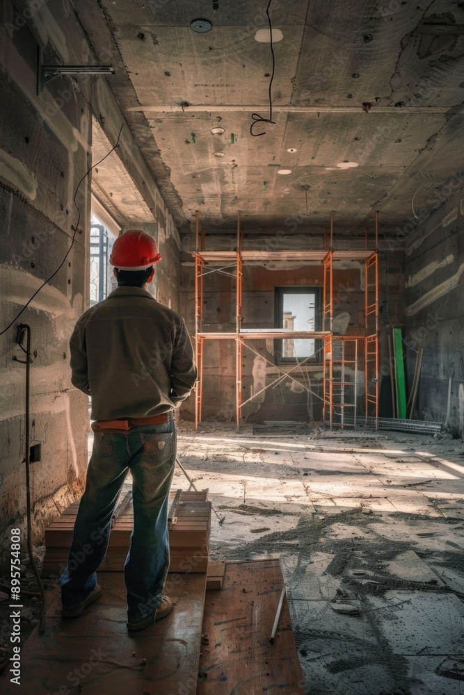 Construction worker wearing a hard hat on an industrial construction site. He is standing with his back to the camera, looking at a blueprint. Construction worker wearing a hard hat on an industrial construction site. He is standing with his back to the camera, looking at a blueprint.