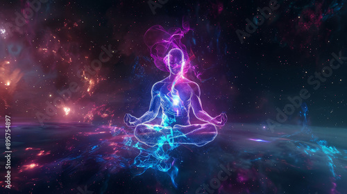 Spiritual person meditating in the glowing neon colorful rainbow cosmos space. Psychedelic aura chakras dreamy yoga concept. Isolated black illustration background.