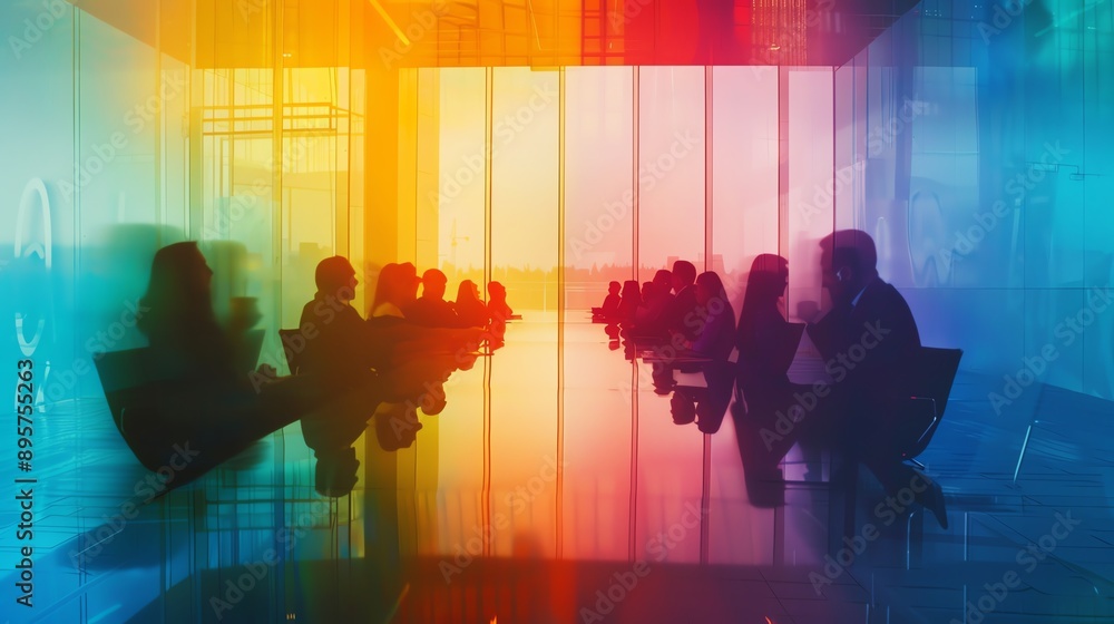 Colorful silhouettes of businesspeople in a modern conference room during a meeting, illustrating teamwork and collaboration in a corporate setting. Colorful silhouettes of businesspeople in a modern conference room during a meeting, illustrating teamwork and collaboration in a corporate setting.