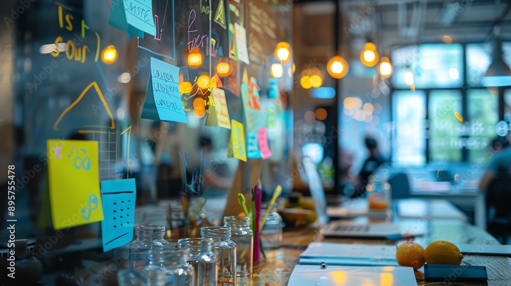 Obraz premium Creative workspace brainstorming session with sticky notes on glass wall, modern light bulbs, and blurred office background.