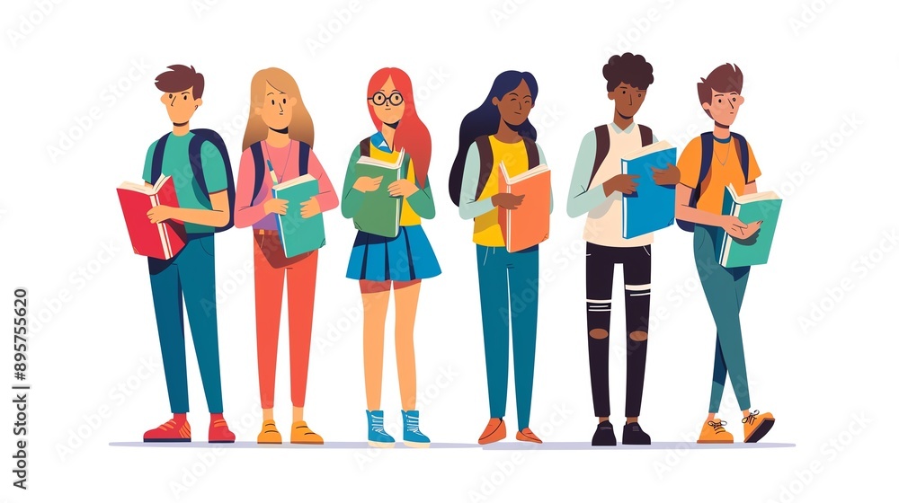 Fototapeta premium Diverse group of students with backpacks and books, standing in a line, studying and learning together