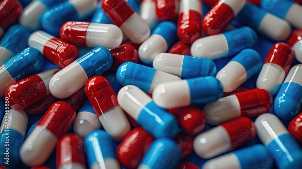 Closeup of red and blue medication capsules pharmaceutical and healthcare concept Closeup of red and blue medication capsules pharmaceutical and healthcare concept