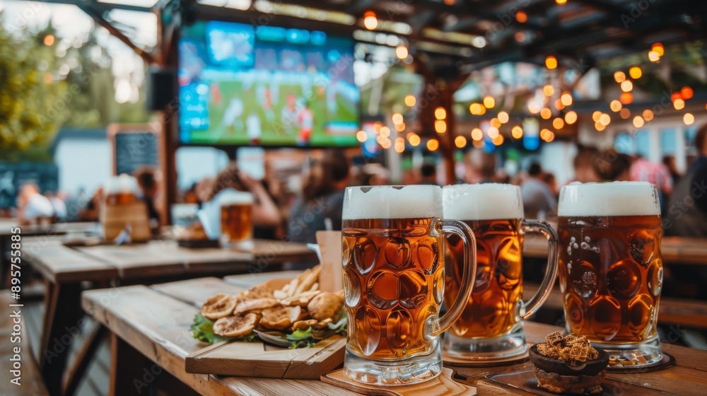 Pints and snacks in a festive beer garden in the background you can see a blurry screen with a soccer match Pints and snacks in a festive beer garden in the background you can see a blurry screen with a soccer match