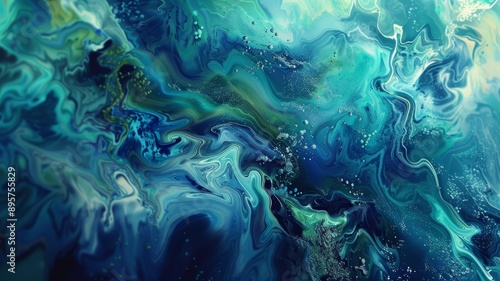 Abstract depiction of swirling ocean waves in varying shades of blue and green