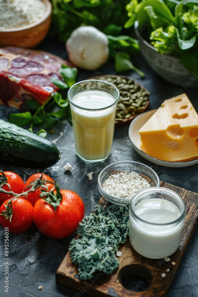 Variety of healthy food items on cutting board, ready to be prepared and consumed for a nutritious meal. Variety of healthy food items on cutting board, ready to be prepared and consumed for a nutritious meal.