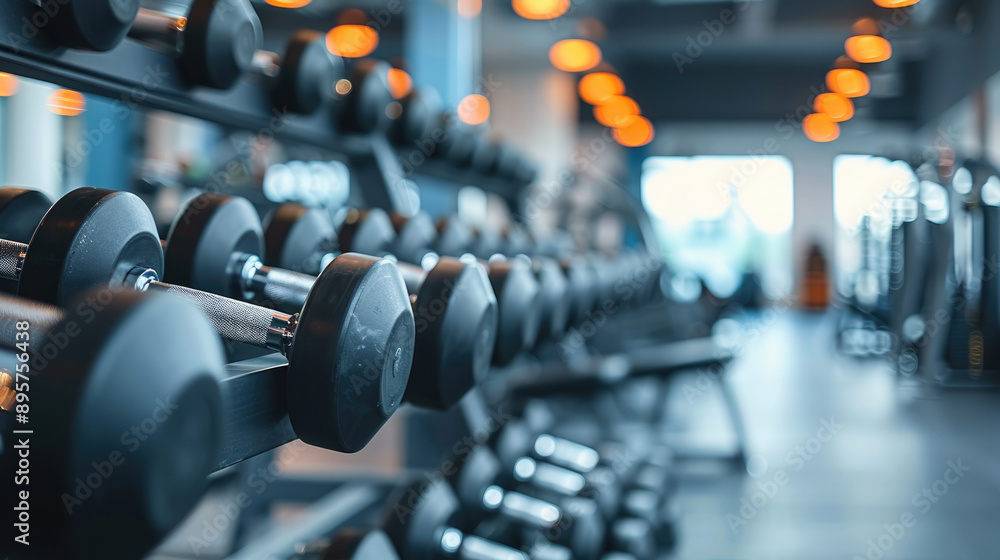 Dumbbells and gym equipment in a fitness club or sports center with a blurred background of a modern sports warehouse Dumbbells and gym equipment in a fitness club or sports center with a blurred background of a modern sports warehouse