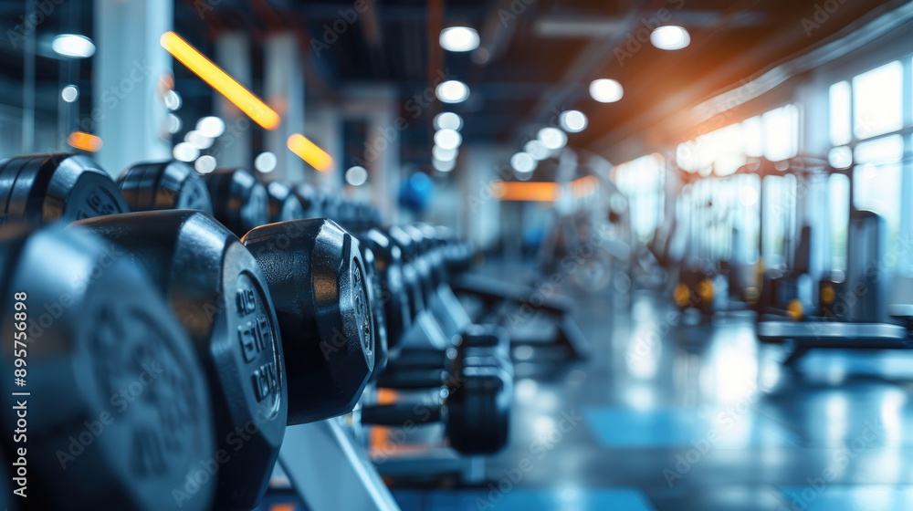 Dumbbells and gym equipment in a fitness club or sports center with a blurred background of a modern sports warehouse Dumbbells and gym equipment in a fitness club or sports center with a blurred background of a modern sports warehouse