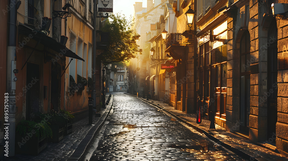 Fototapeta premium Historic City Street: A charming historic city street with cobblestone pavement, old buildings, and street lamps. The setting should evoke a sense of history and nostalgia.