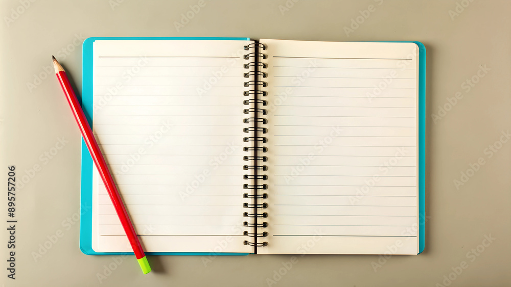 A blank, unlined notebook with open pages lay on the school desk. view from top, A blank, unlined notebook with open pages lay on the school desk. view from top,