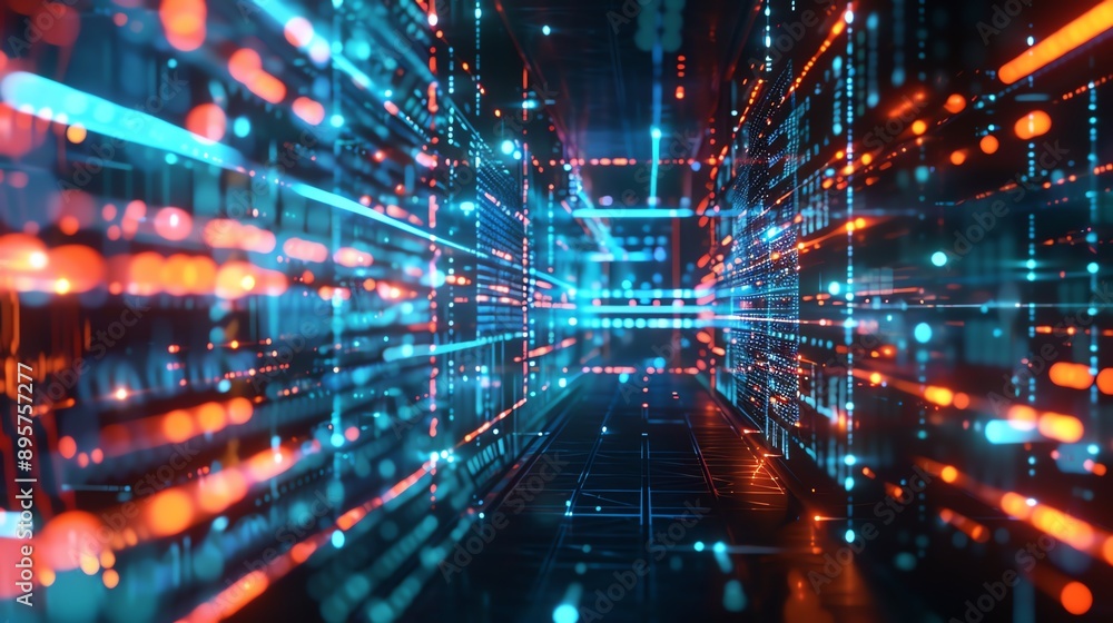 Futuristic digital data matrix with vibrant neon lights representing modern technology, cybersecurity, and virtual data transfer. Futuristic digital data matrix with vibrant neon lights representing modern technology, cybersecurity, and virtual data transfer.