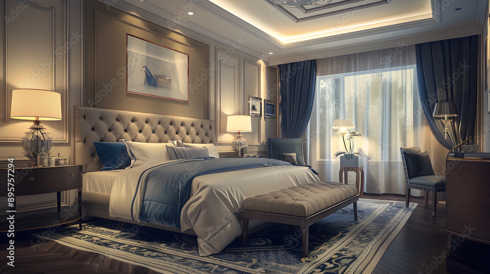 Luxury Bedroom Interior: A beautifully decorated bedroom with a plush bed, stylish furniture, and elegant decor. The setting should be inviting and luxurious.
Luxury Bedroom Interior: A beautifully decorated bedroom with a plush bed, stylish furniture, and elegant decor. The setting should be inviting and luxurious.
