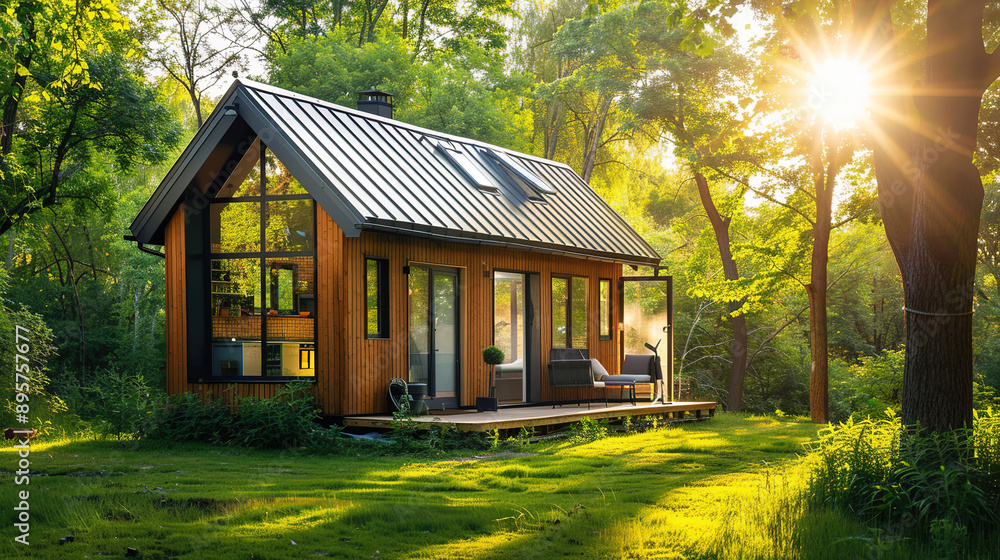 Modern tiny house with large windows in a lush forest, sunlight ...