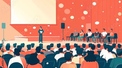 Illustration of a speaker presenting at a conference with an audience and panelists on stage, colorful backdrop.