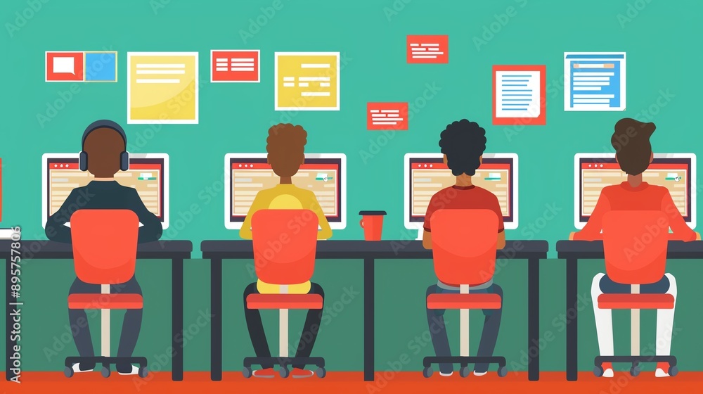 Illustration of diverse students studying together at a computer lab ...