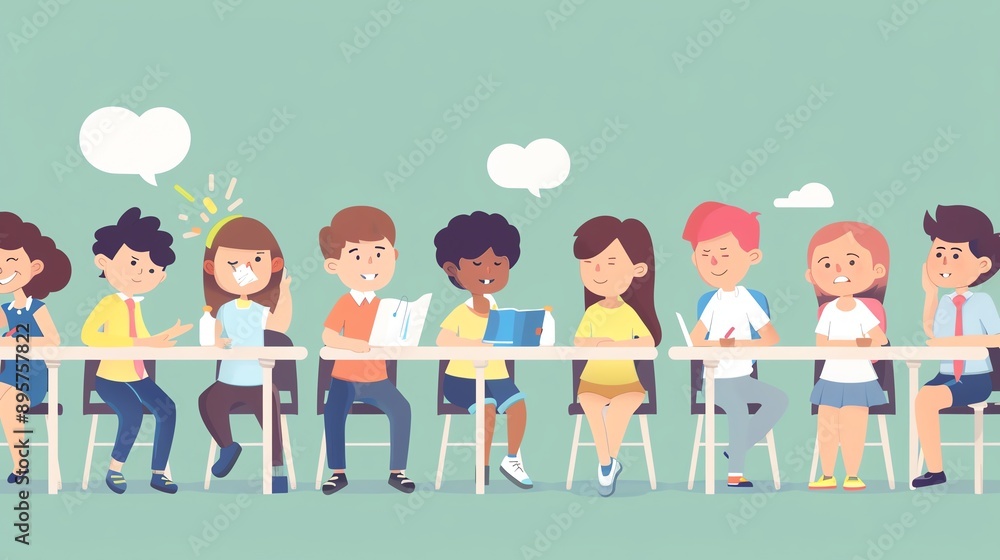 Obraz premium Illustration of diverse school children sitting in a row at a table, reading, writing, and using a laptop in a cheerful classroom setting.