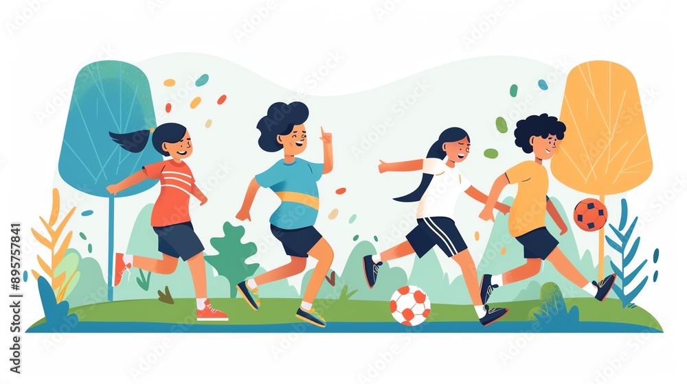Illustration of happy children playing soccer in a park, embracing nature and outdoor activities, enjoying sports time together. Illustration of happy children playing soccer in a park, embracing nature and outdoor activities, enjoying sports time together.