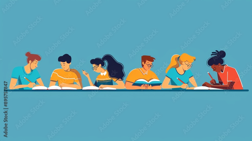 Illustration of diverse students studying together at a table, sharing knowledge and collaborating in a learning environment. Illustration of diverse students studying together at a table, sharing knowledge and collaborating in a learning environment.