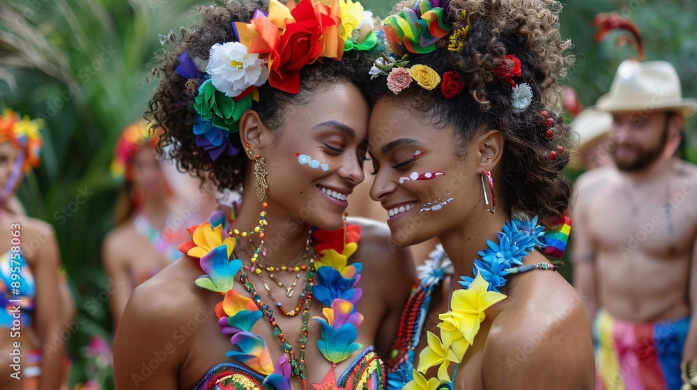 2. A loving LGBTQ+ couple sharing a tender moment, holding hands and smiling at each other, surrounded by friends and allies wearing pride-themed outfits and accessories, set against a backdrop of a 2. A loving LGBTQ+ couple sharing a tender moment, holding hands and smiling at each other, surrounded by friends and allies wearing pride-themed outfits and accessories, set against a backdrop of a