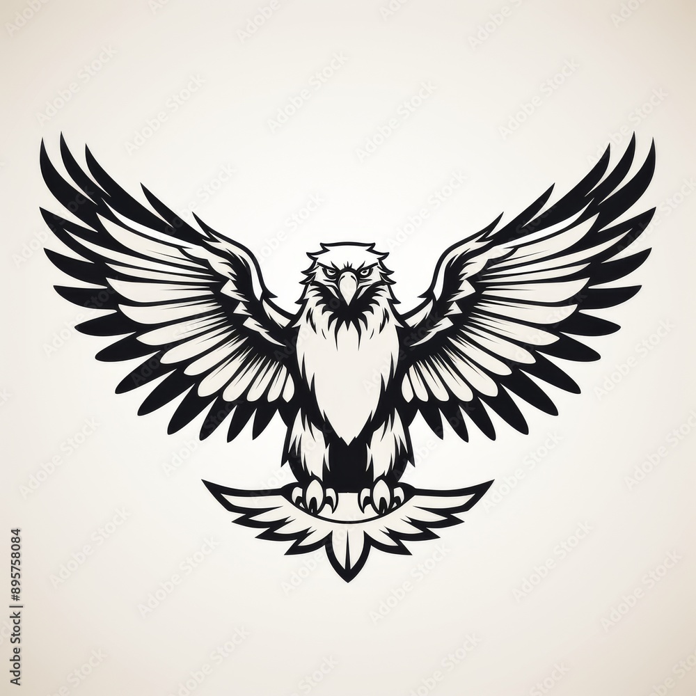 Obraz premium Black and white eagle illustration with outstretched wings. Perfect for tattoo design, logo, or symbol of strength and freedom.