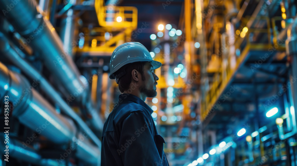 An industrial worker wearing a hard hat, observing machinery in a factory at night, emphasizing industry and labor. An industrial worker wearing a hard hat, observing machinery in a factory at night, emphasizing industry and labor.