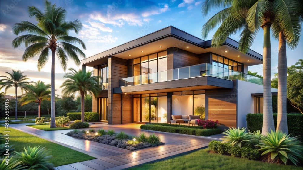 Luxurious modern villa with sleek lines, expansive windows, and lush tropical landscaping in sunny Florida's picturesque landscape, perfectly rendered. Luxurious modern villa with sleek lines, expansive windows, and lush tropical landscaping in sunny Florida's picturesque landscape, perfectly rendered.