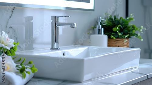 Modern bathroom sink with chrome faucet and fresh greenery in elegant setting