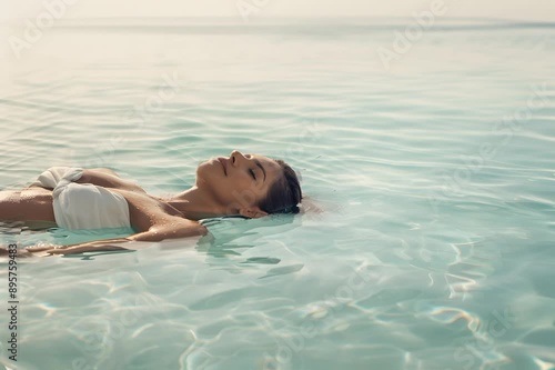 Woman floating in a body of water, lying on their back in the water,