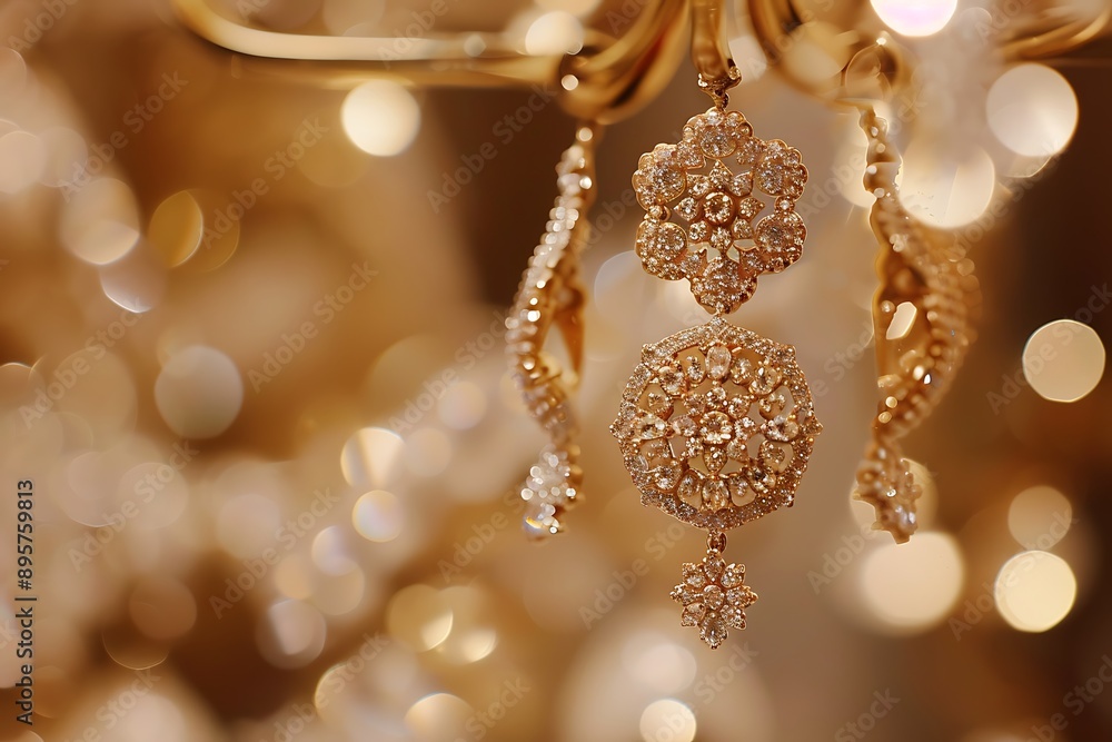 Close-Up of Golden Earrings with Diamond Detail Close-Up of Golden Earrings with Diamond Detail