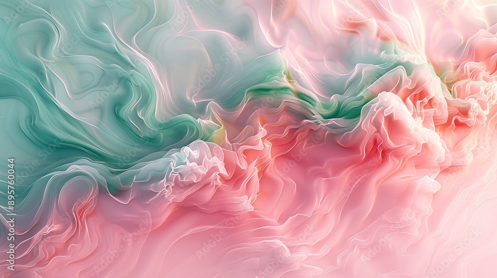 A pink and green abstract painting with swirling patterns of liquid paint. A pink and green abstract painting with swirling patterns of liquid paint.