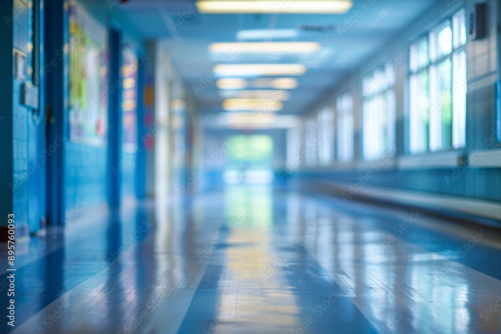 A clean and empty hospital hallway with blue floors, white walls, and bright fluorescent lights creating a sterile environment. A clean and empty hospital hallway with blue floors, white walls, and bright fluorescent lights creating a sterile environment.