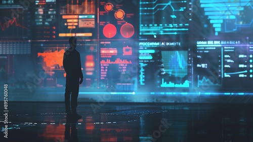 Silhouetted figure standing before futuristic digital screens with data and analytics, representing technology and innovation in a modern setting.