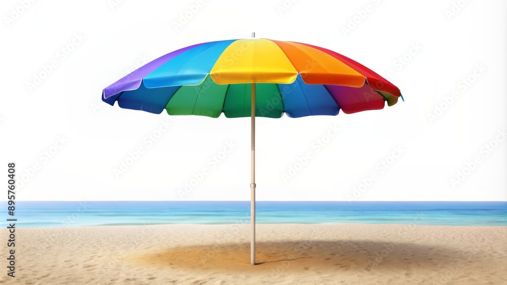 Vibrant colorful beach umbrella parasol stands isolated on a pristine white background, evoking feelings of serenity and summer vacation relaxation. Vibrant colorful beach umbrella parasol stands isolated on a pristine white background, evoking feelings of serenity and summer vacation relaxation.