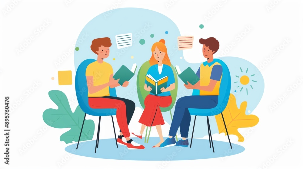 Three people engaging in a group reading session, discussing books, and enjoying a collaborative learning environment. Three people engaging in a group reading session, discussing books, and enjoying a collaborative learning environment.