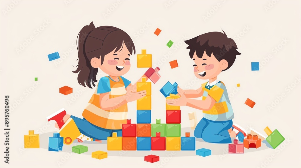 Two children happily playing with colorful building blocks, fostering creativity and teamwork in a playful, educational setting. Two children happily playing with colorful building blocks, fostering creativity and teamwork in a playful, educational setting.