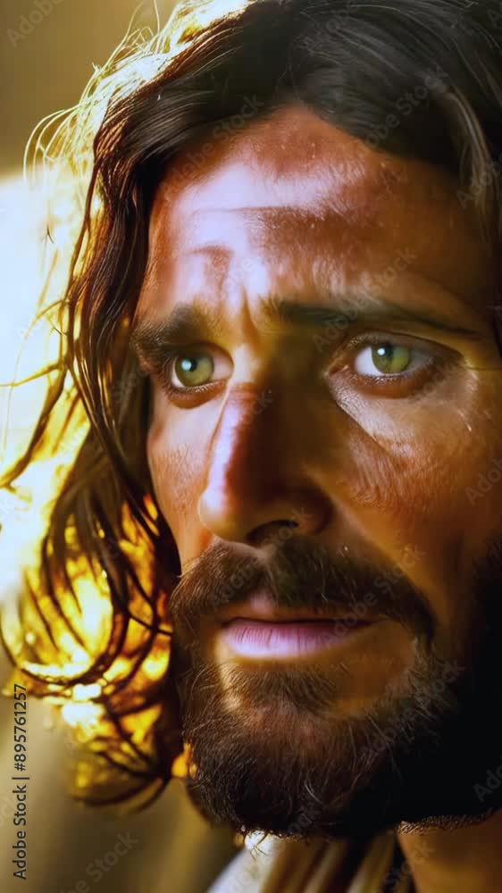 Jesus Christ face portrait in rays of light realistic animation -- 4k ...