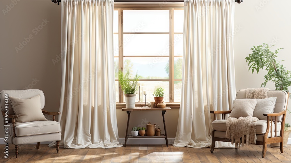 Obraz premium Room with white and brown curtains