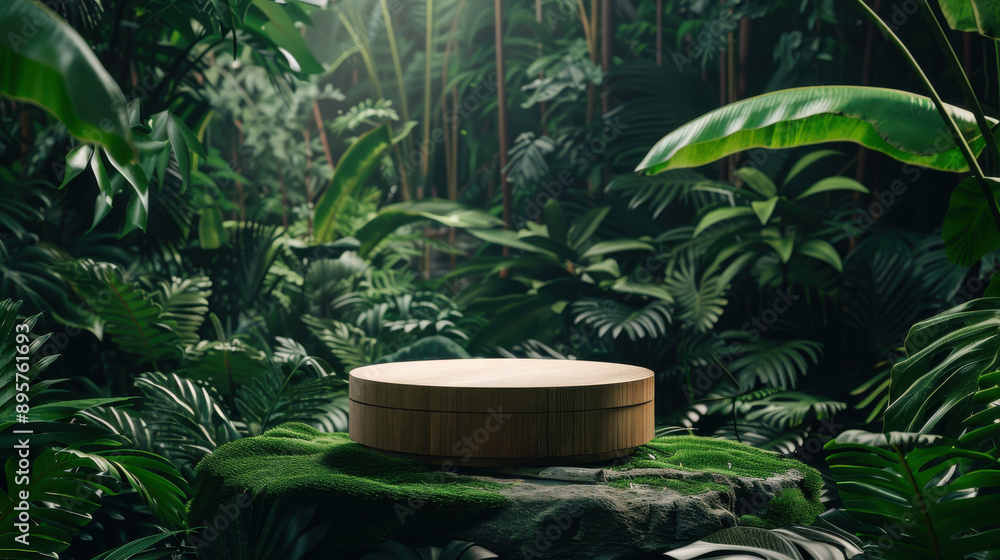 Cosmetic podium with wooden stand in a lush green jungle, perfect for beauty product presentation Cosmetic podium with wooden stand in a lush green jungle, perfect for beauty product presentation