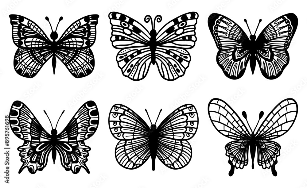 Set of cute insect butterflies in retro or vintage style Set of cute insect butterflies in retro or vintage style