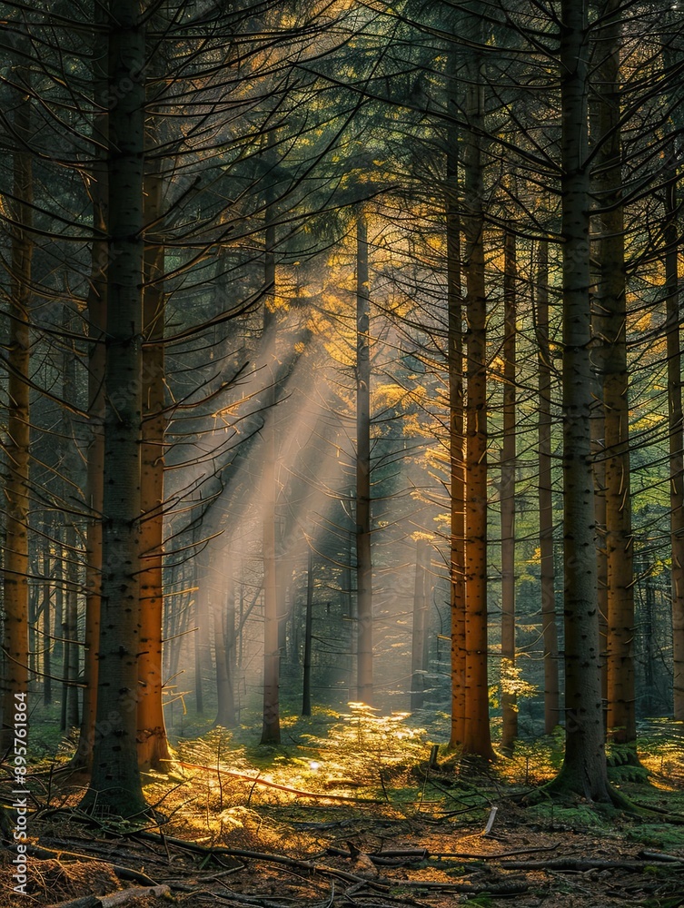 Fototapeta premium Sunlit rays passing through tall forest trees, highlighting nature's serene beauty in a tranquil woodland setting captured gorgeously.