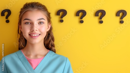 Contemplative young woman surrounded by question marks on bright yellow background