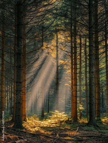 Sunlit rays passing through tall forest trees, highlighting nature's serene beauty in a tranquil woodland setting captured gorgeously.