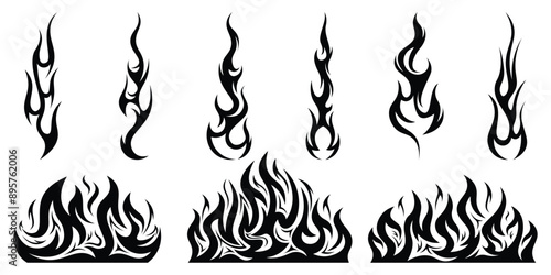 Silhouette Fire flames. Old school tattoo neo-tribal style or silhouette flame for cars. set vector icons. Fire sign. Fire flame icon isolated on white background. Vector illustration	