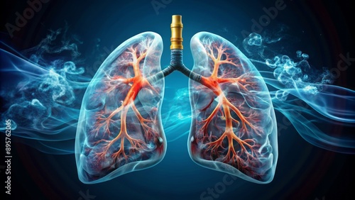 Vivid, detailed illustration of human lungs shown progressively damaged by cigarette smoke, from healthy to severely diseased and scarred. photo